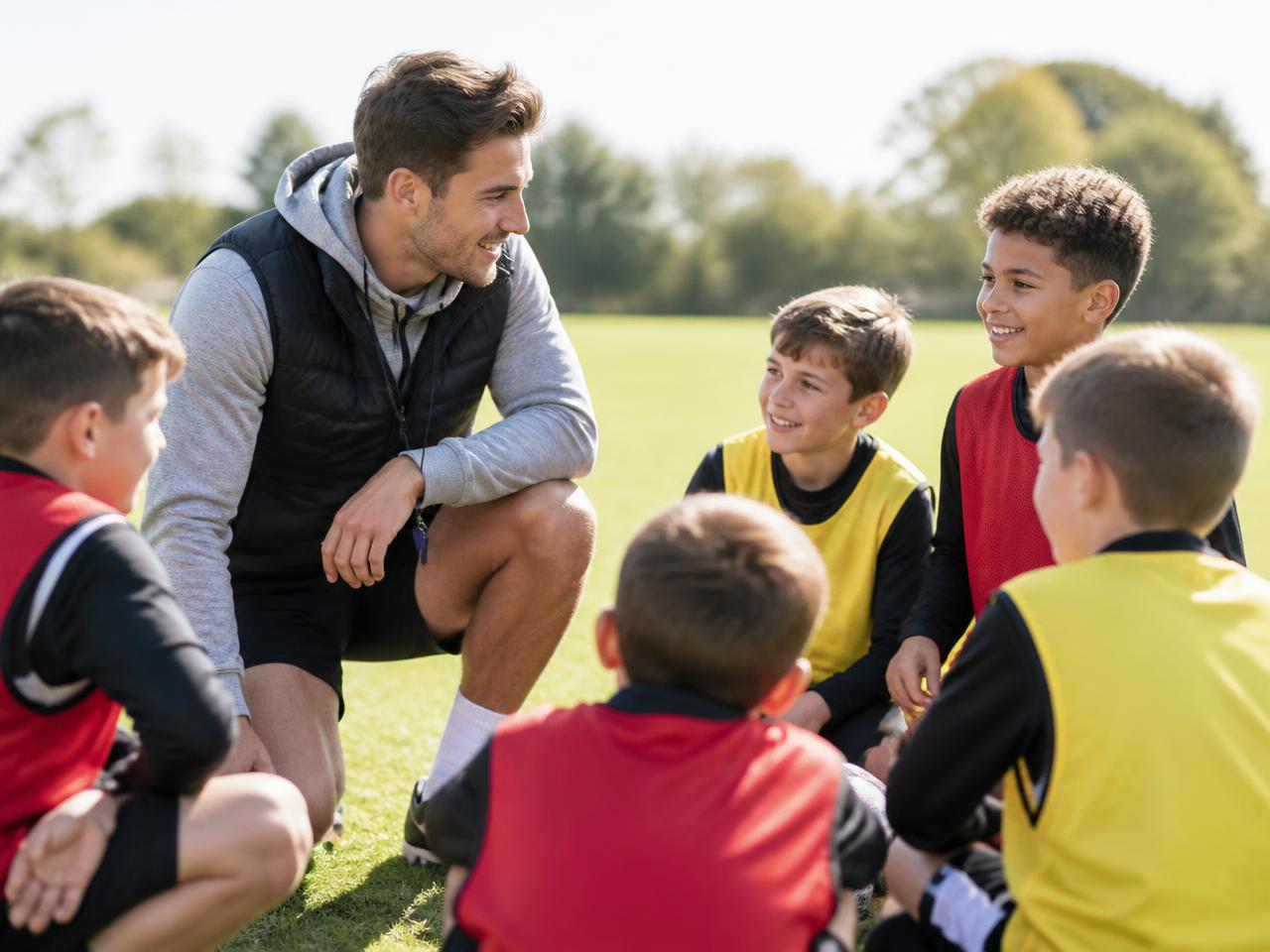 Youth football coach kneeling on the grass giving feedback to a group of children in training bibs